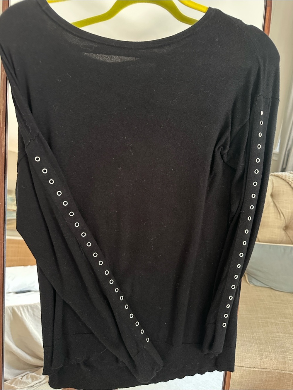 Women's Black Long Sleeve Top with Eyelet-Trim Sleeve